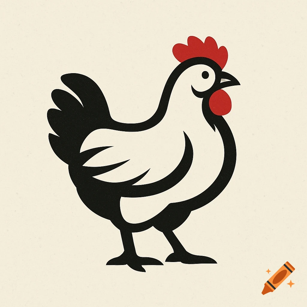 A minimalist logo of a chicken in black, white, and red.