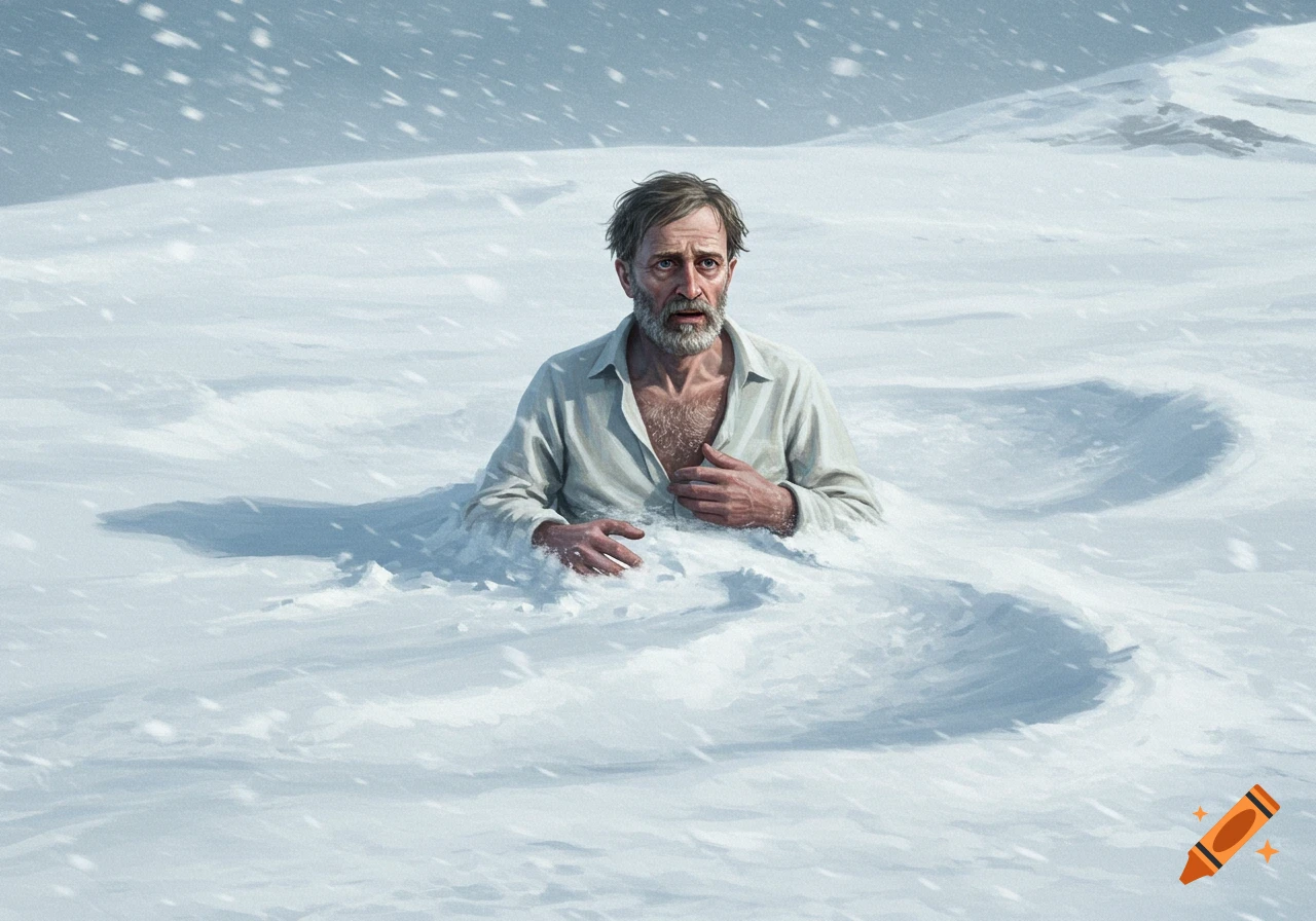 A man in a shirt is stuck in deep snow during a storm, looking cold.