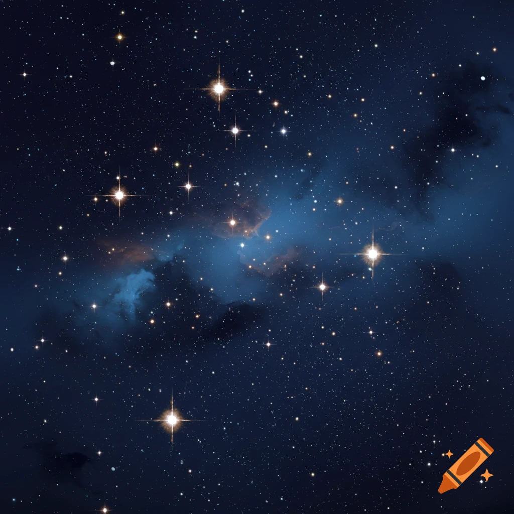 A dark blue space scene with scattered stars and a large central nebula in blue and orange colors.