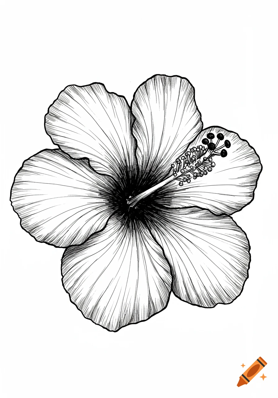 Black line drawing of a hibiscus flower