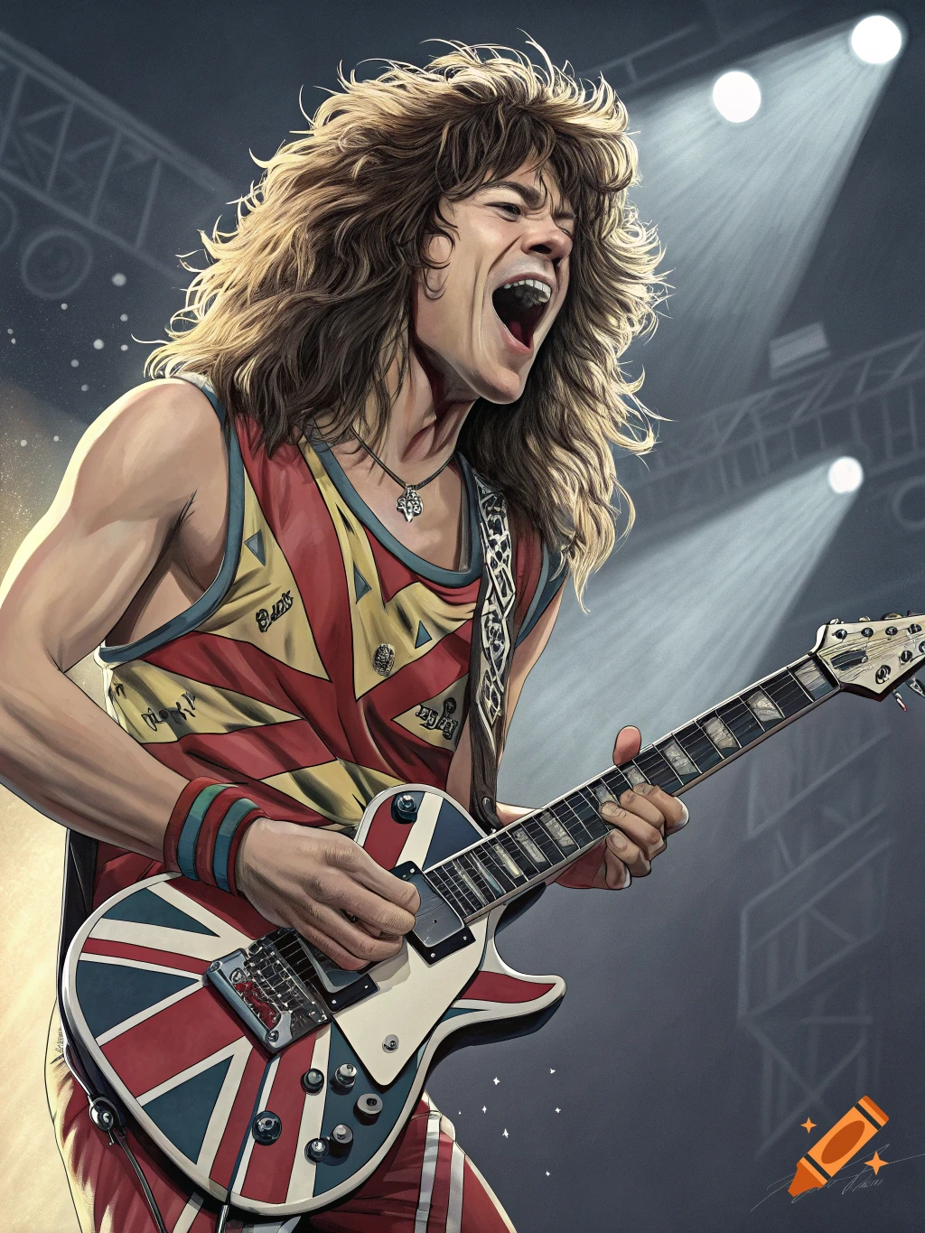 Musician with long hair playing a guitar on stage with spotlights.
