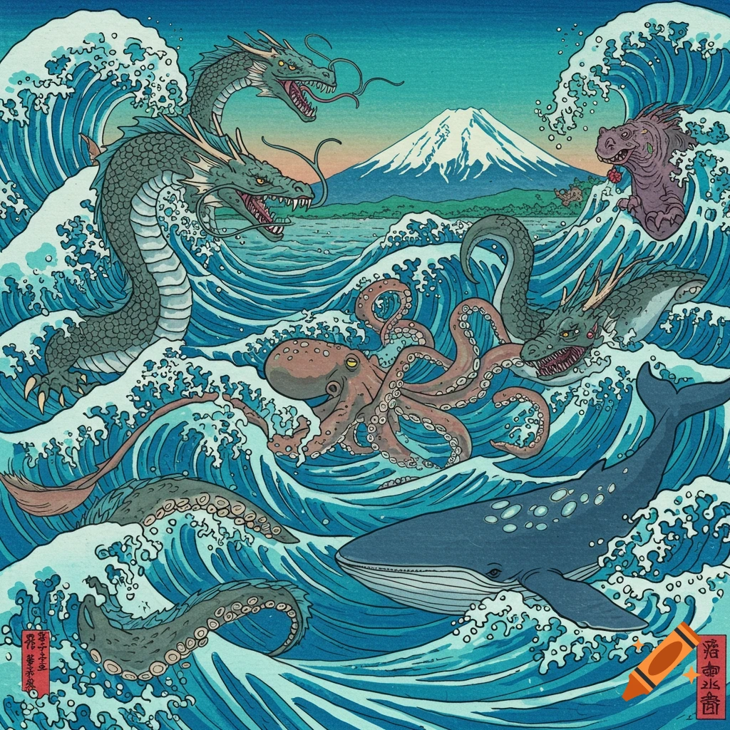 Ukiyo-e style artwork of large waves, Mount Fuji, dragons, octopus, whale, and monster.