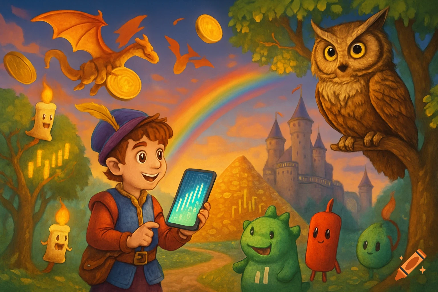 Storybook illustration of a boy with a tablet, dragon, owl, castle, and fantasy creatures in a vibrant landscape.