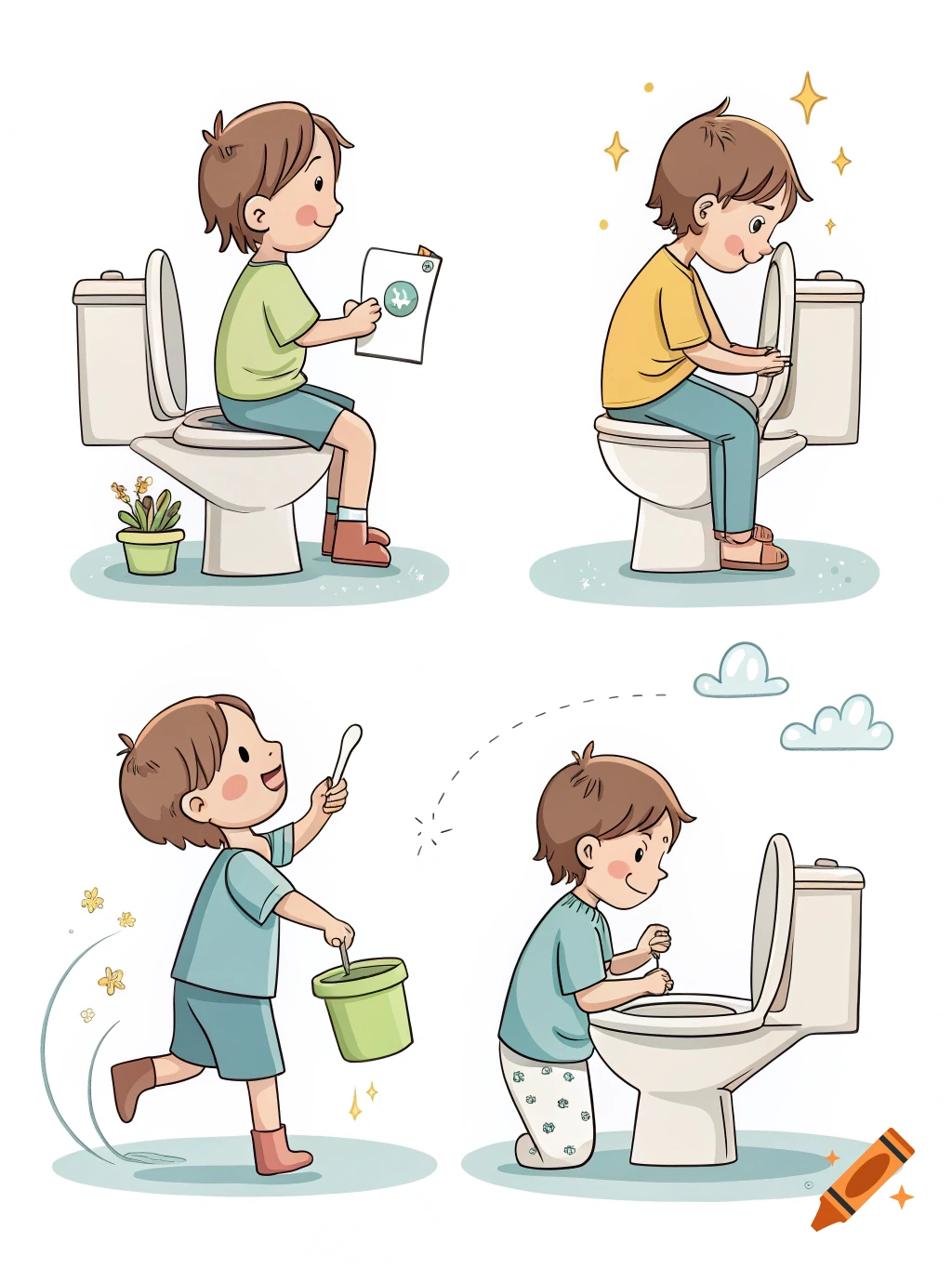 Four cartoon panels show a child learning to use and clean a toilet.
