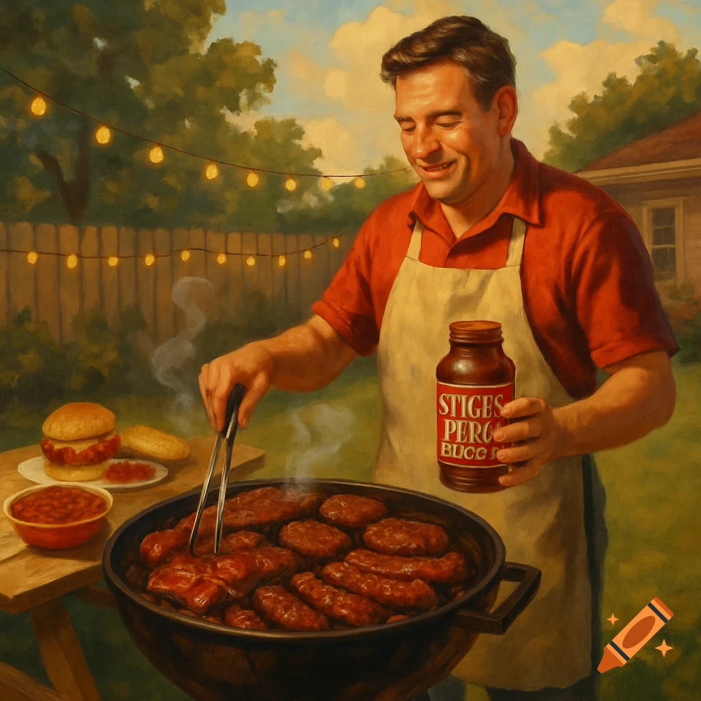 Man grilling at a backyard bbq, holding a sauce bottle, painting style