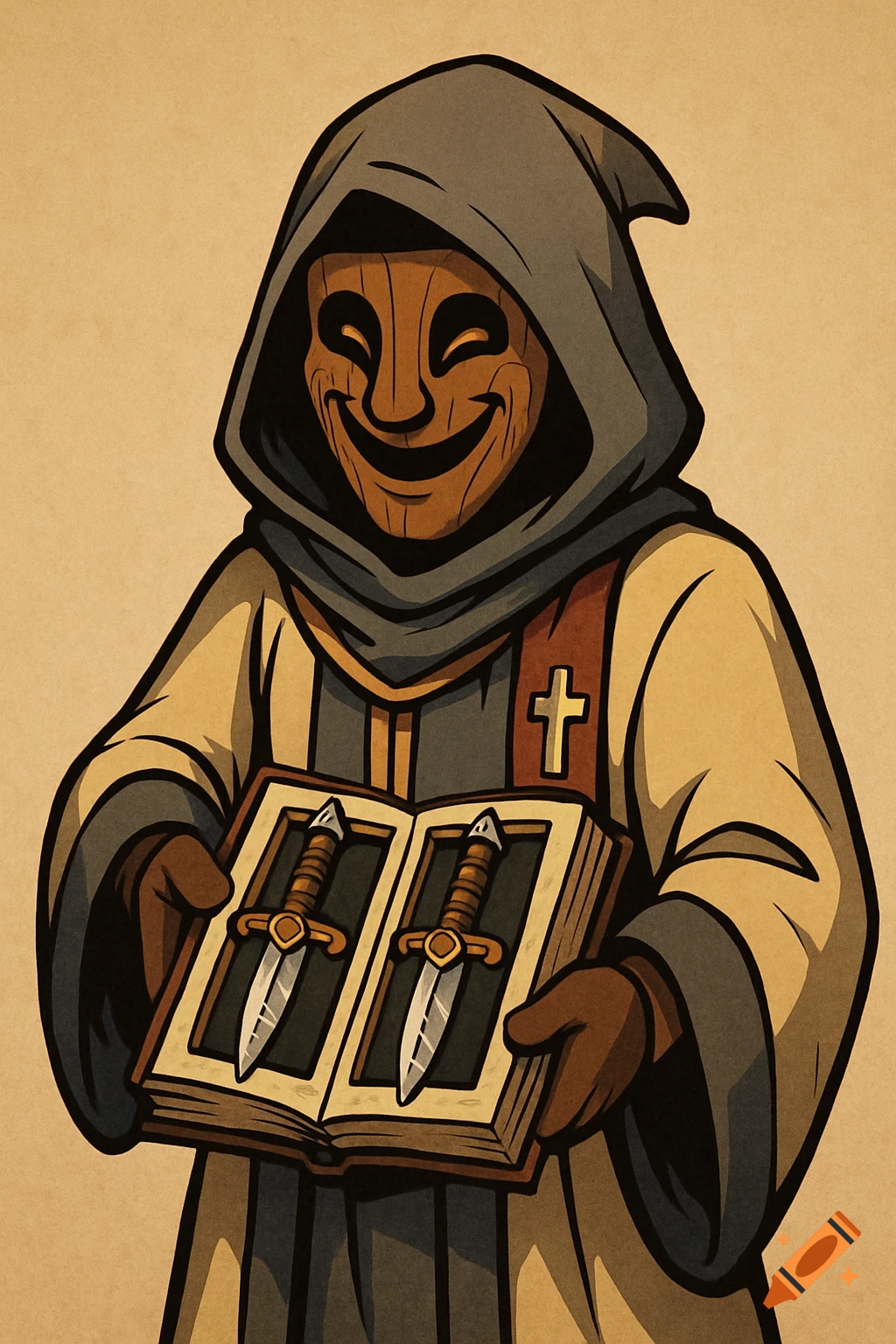 Cartoon illustration of a hooded figure wearing a wooden mask with a creepy smile, holding an open book containing two daggers.