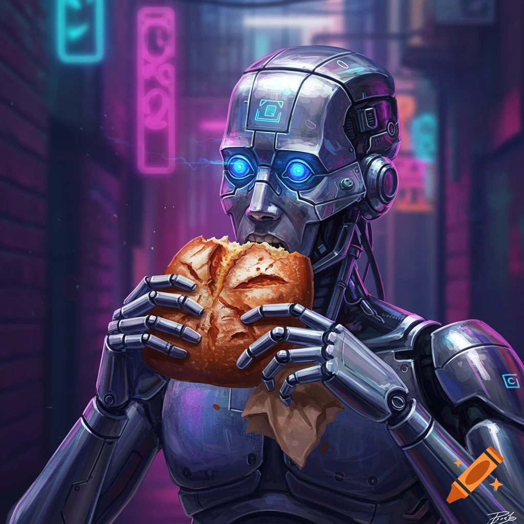 Digital art portrait of a robot or cyborg with glowing blue eyes eating a large loaf of bread in a cyberpunk city alley with neon lights.