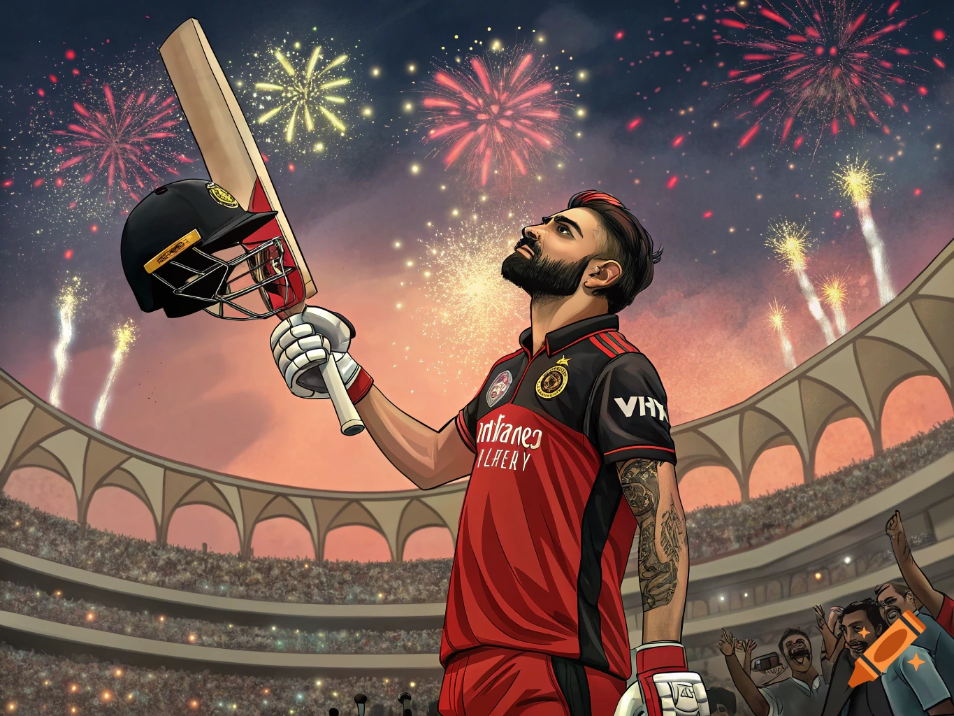 Anime illustration of a cricket player celebrating in a stadium with bat and helmet raised under fireworks.