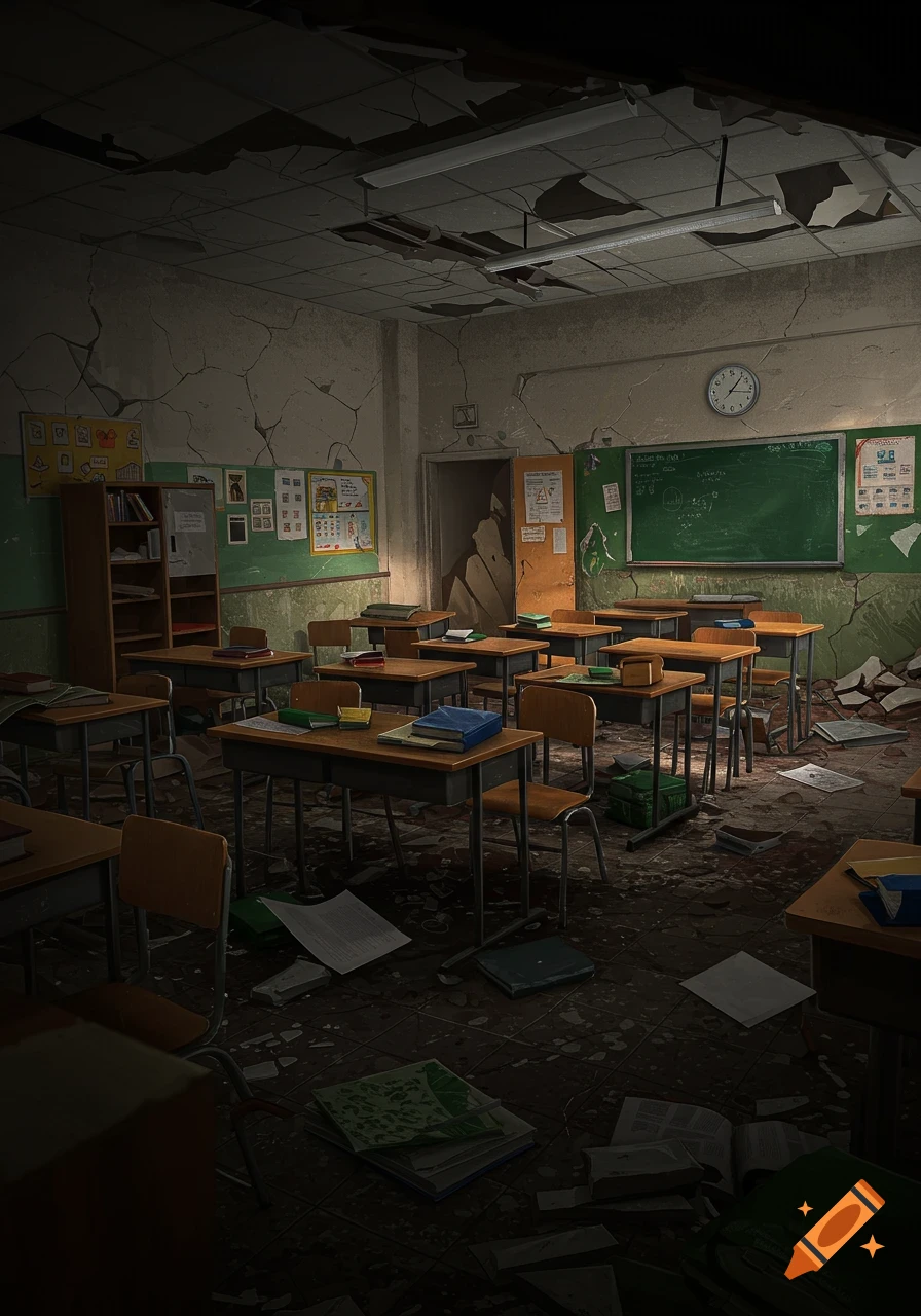 A dark and ruined classroom interior with overturned desks, scattered papers, and damaged walls and ceiling.