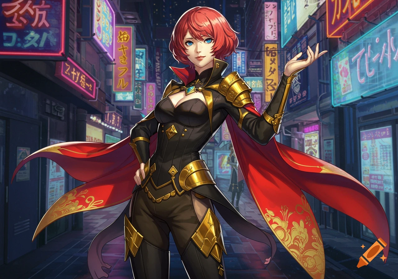 Anime illustration of a red-haired woman in a black and gold costume standing in a neon-lit city street.