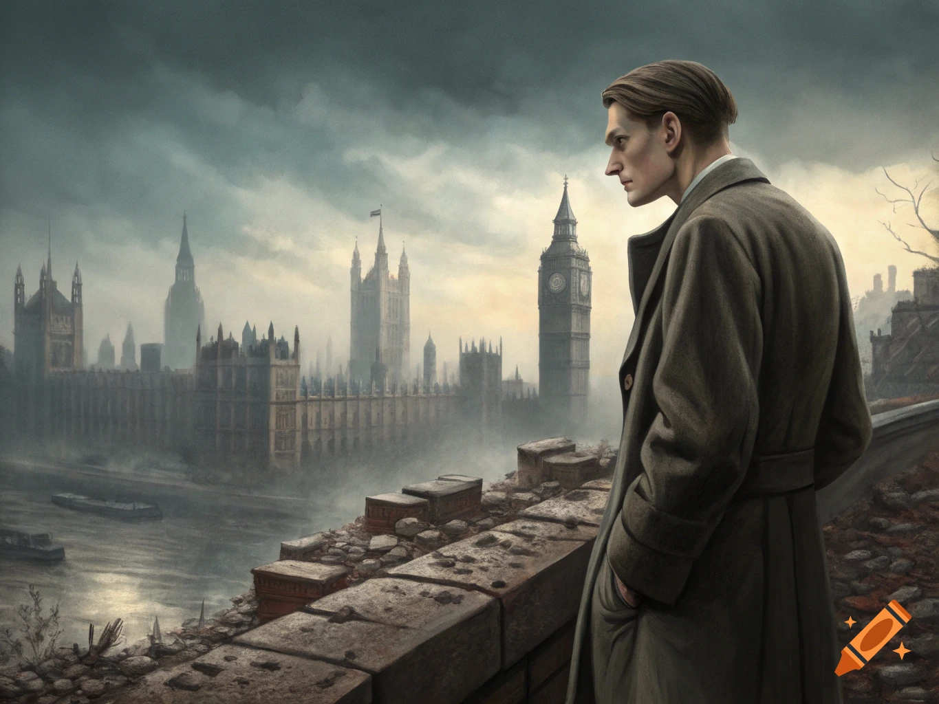 A man in a coat looks out over Westminster on a gloomy day, in a painted art style.