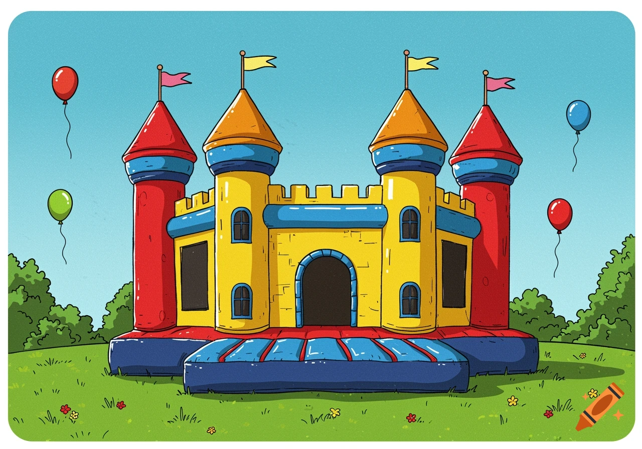 A colorful cartoon bouncy castle on a grassy field with balloons floating.