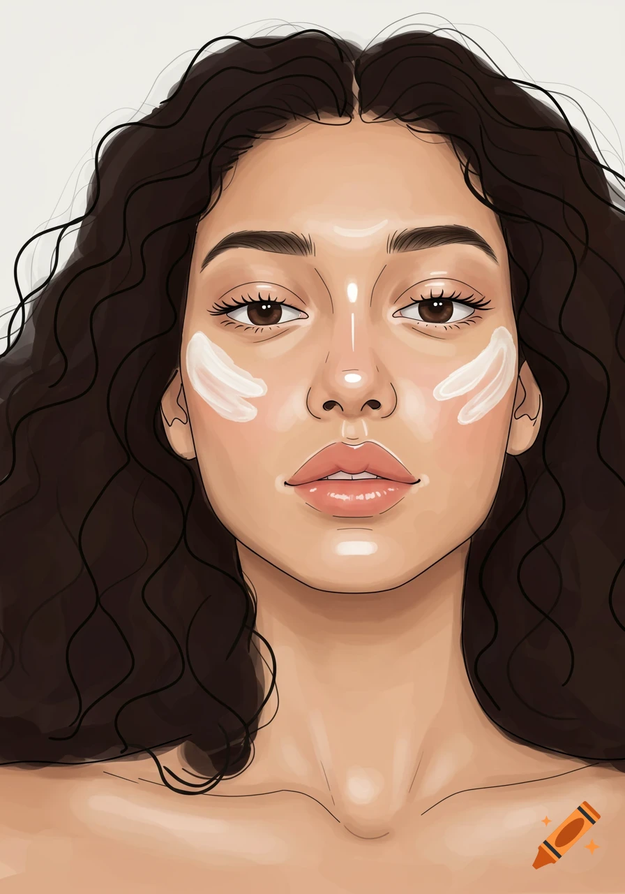 Stylized close-up portrait of a woman with dark curly hair applying cream to her face.