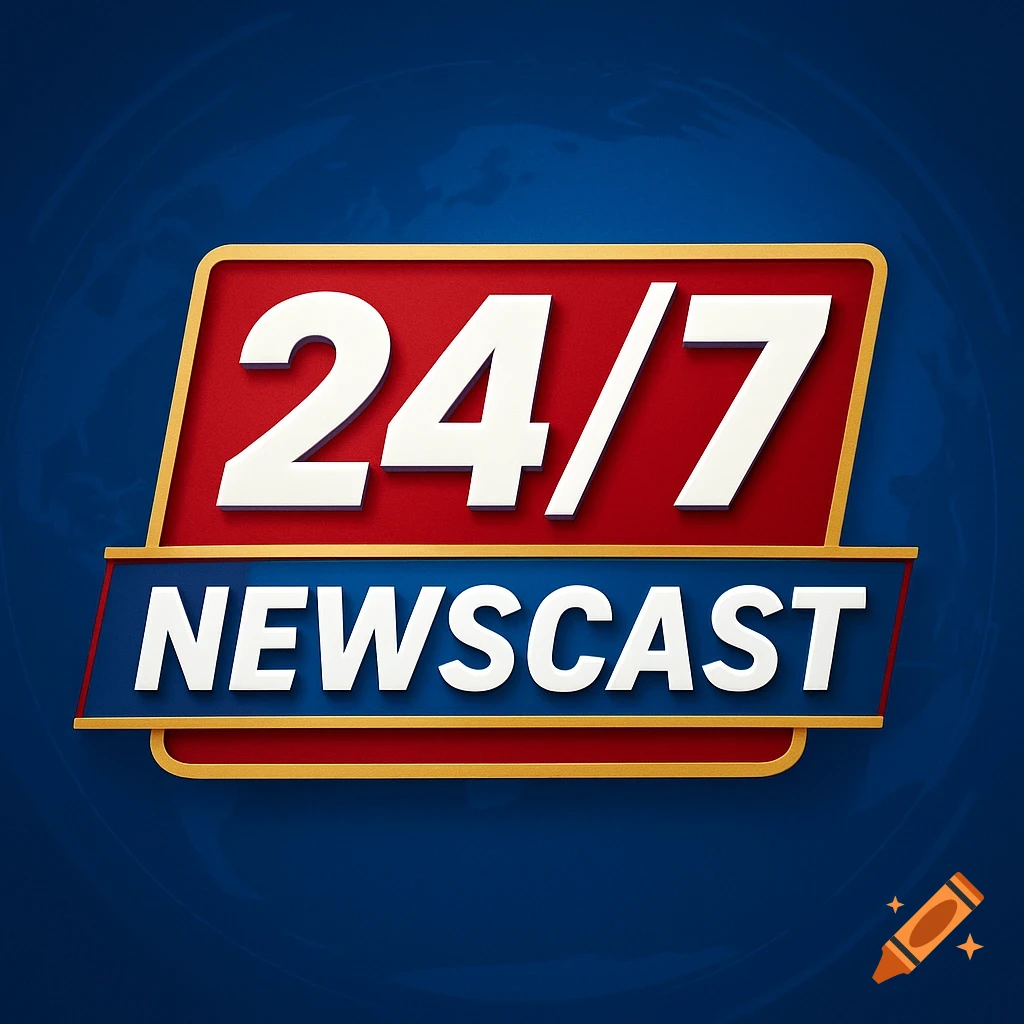 A logo reading "24/7 NEWSCAST" in white text on a red angled shape and a blue banner, set against a blue background with a subtle globe pattern.