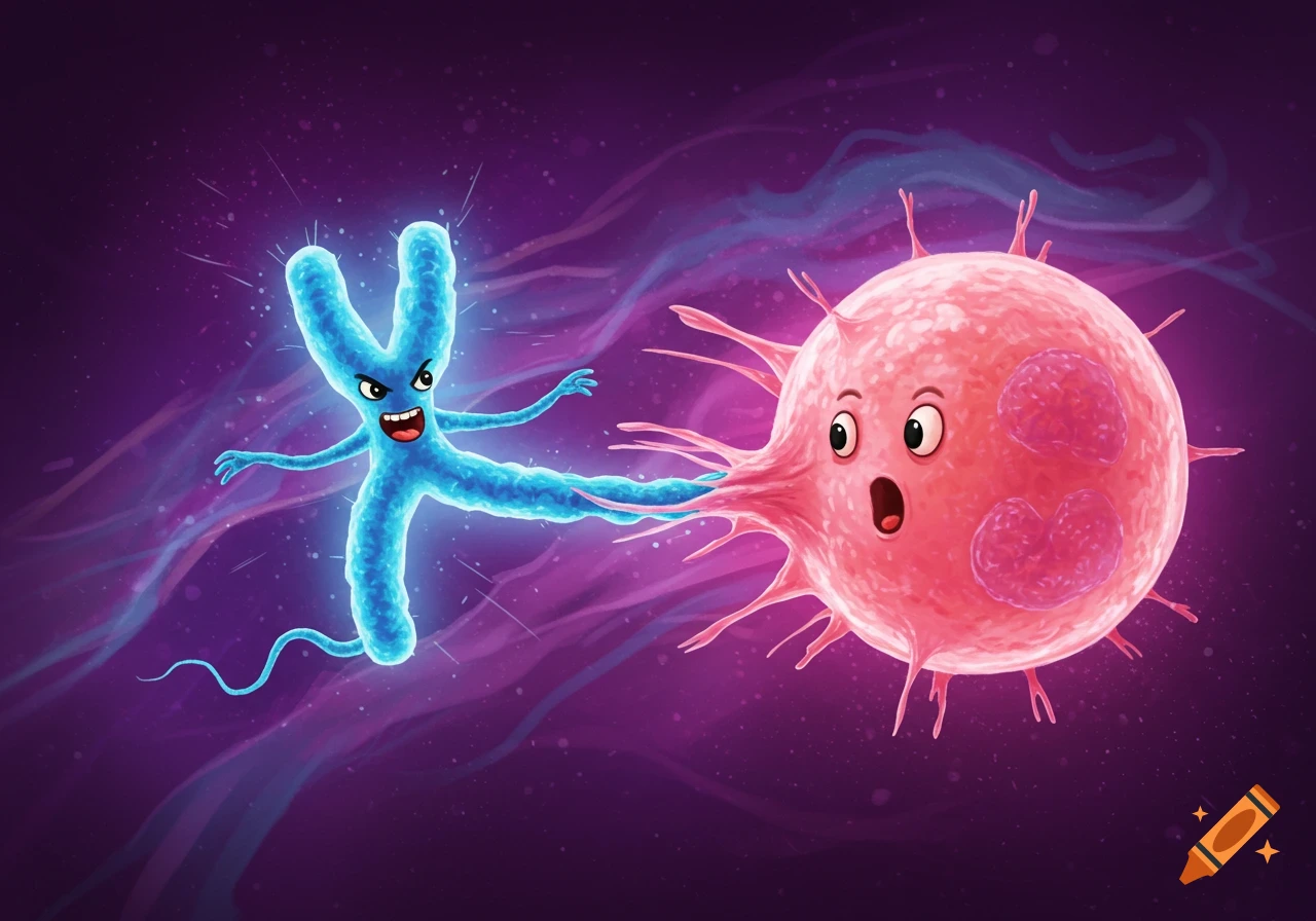 Cartoon illustration of a blue chromosome kicking a pink ovum.