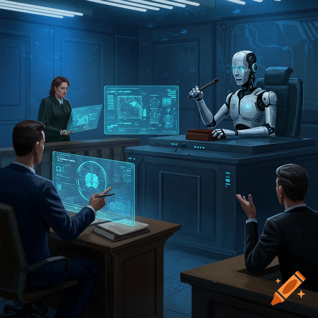 A robot acts as judge in a futuristic courtroom with lawyers and holographic displays.