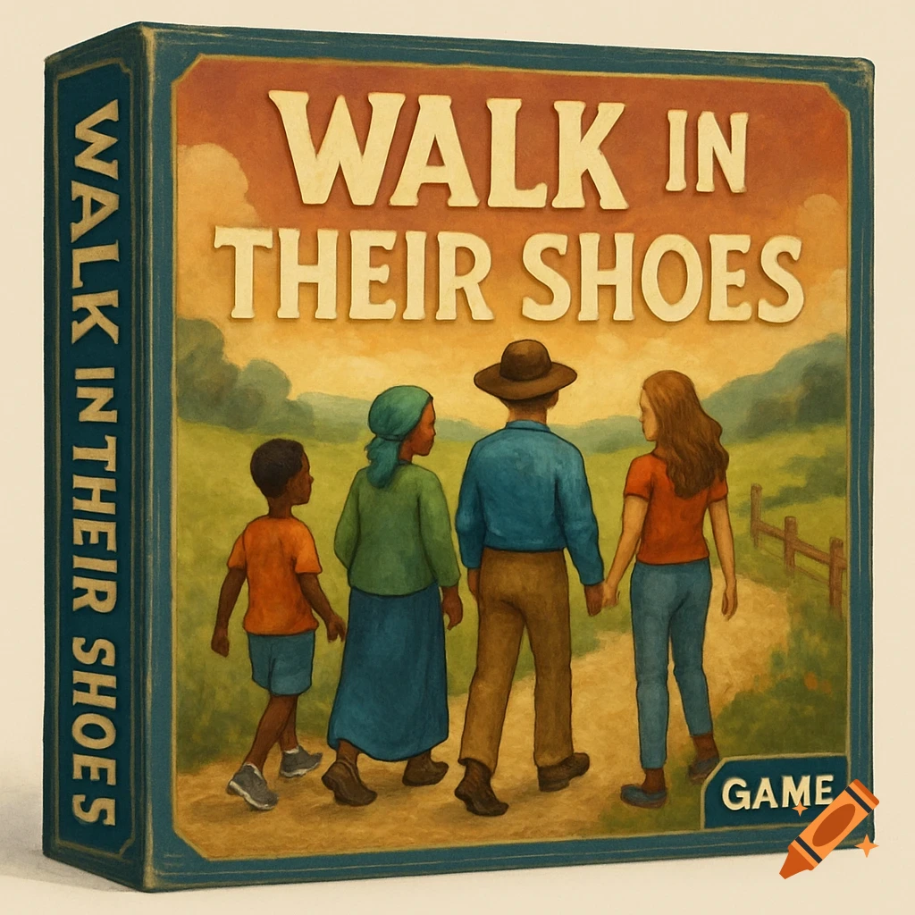 Game box cover for 'Walk in Their Shoes' featuring an illustration of a family walking