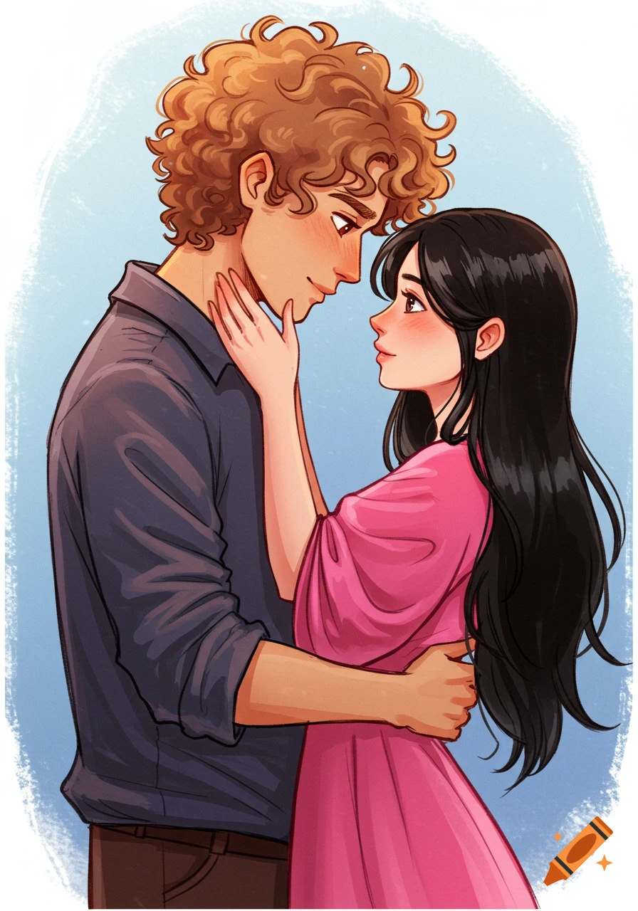 Illustration of a couple embracing, looking into each other's eyes. on ...