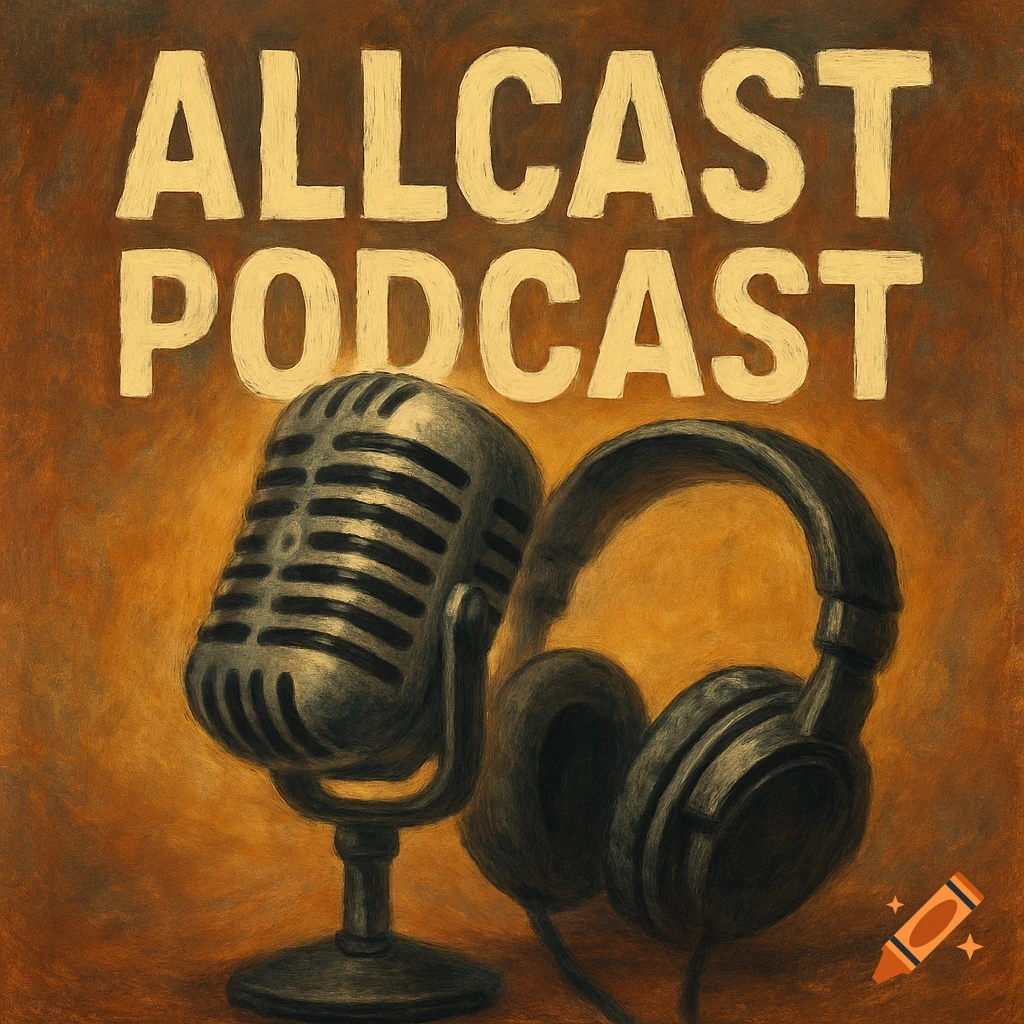 Vintage microphone and headphones under the text ALLCAST PODCAST, in a painted style.