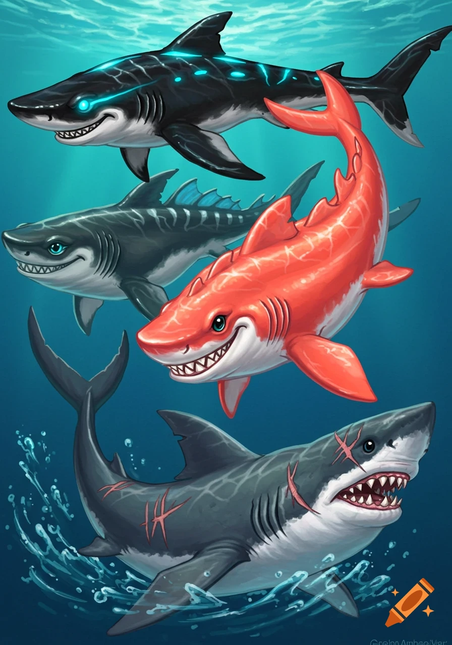 Four stylized cartoon sharks swim in blue water. One black with blue glow, one grey, one red, and one scarred grey.
