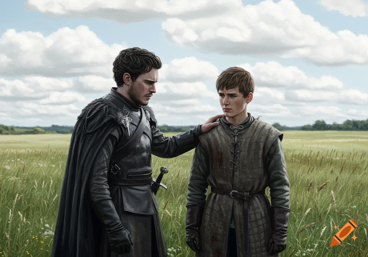 Two men in fantasy attire stand in a grassy field. One places a hand on the other's shoulder. Realistic style.