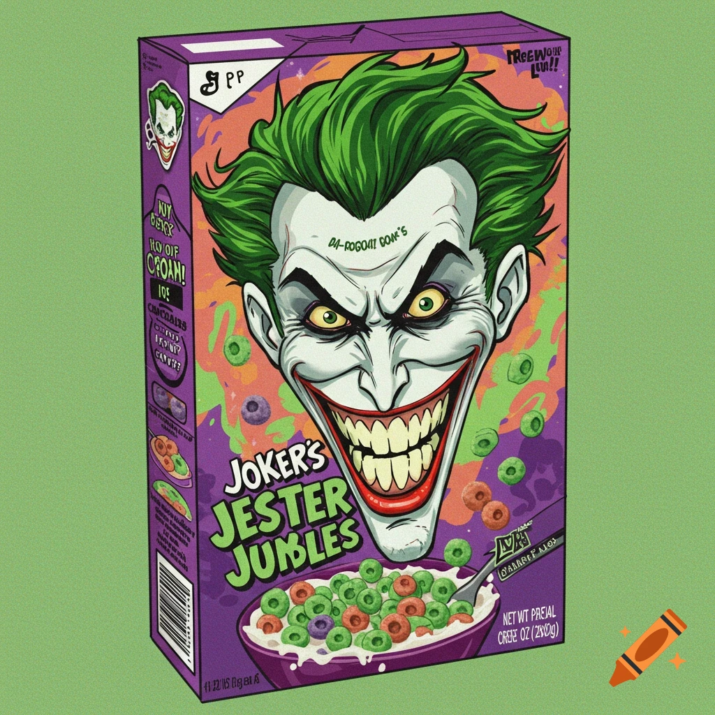 Illustration of a Joker-themed cereal box with a bowl of colorful cereal.