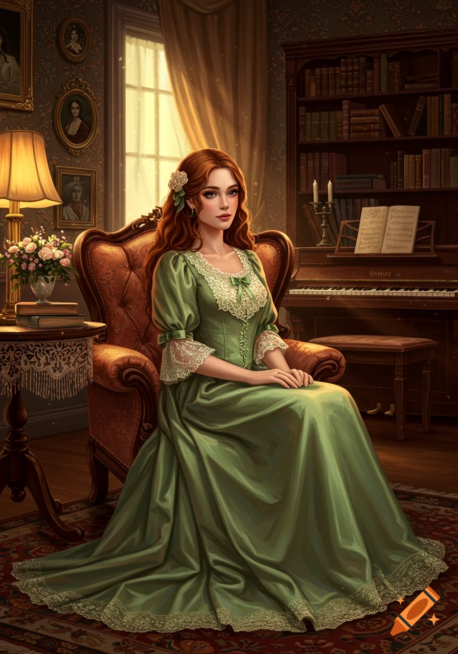 A young woman in a sage green Victorian dress sits in a chair in a living room with a piano and bookshelf. on Craiyon A young woman in a sage green Victorian dress sits in a chair in a living room with a piano and bookshelf. on Craiyon