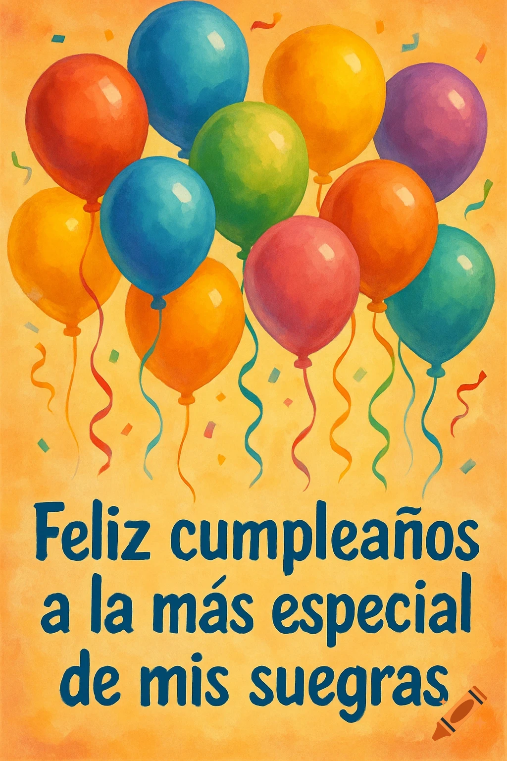 Birthday card with colorful balloons, ribbons, and Spanish text.