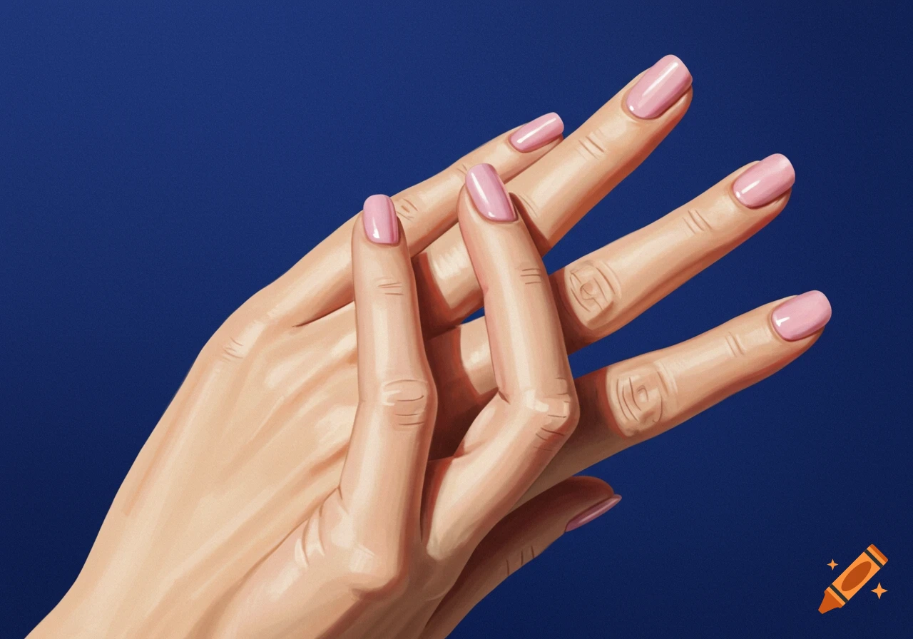 Illustrative depiction of two hands with pink nail polish against a blue background.