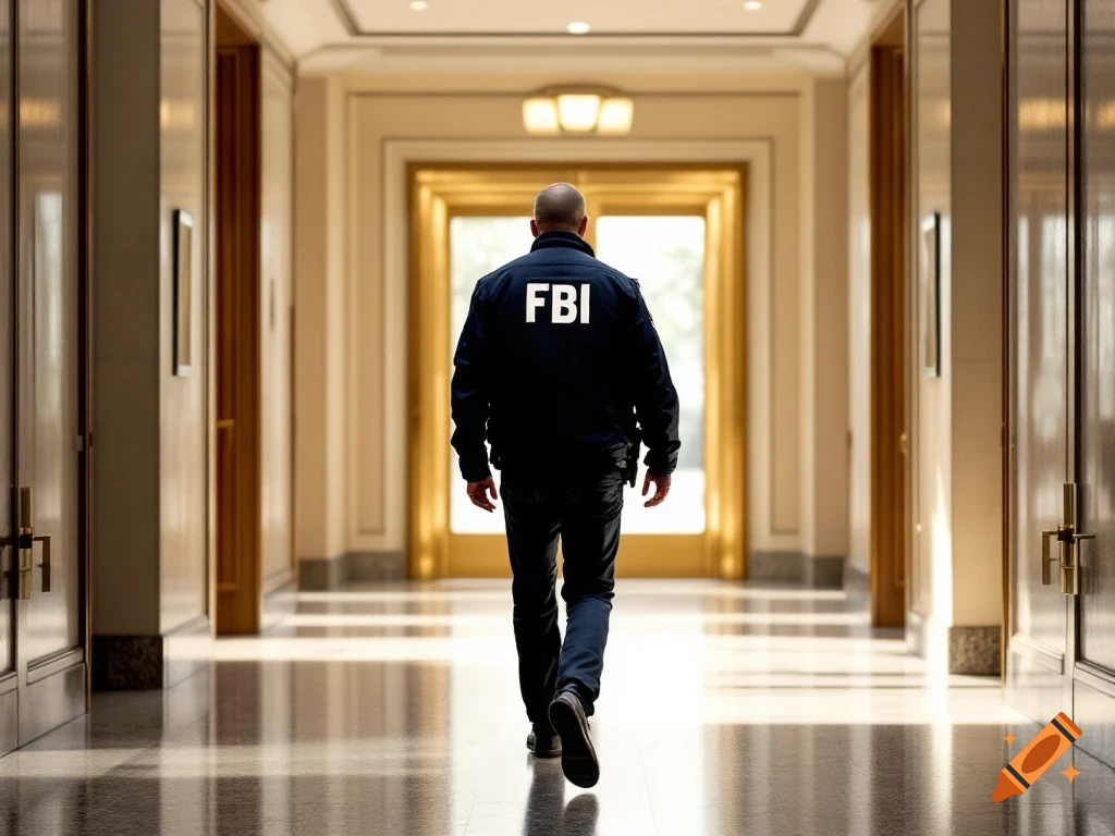 Photorealistic image of an FBI agent from behind, walking down a bright hallway with "FBI" on their jacket.
