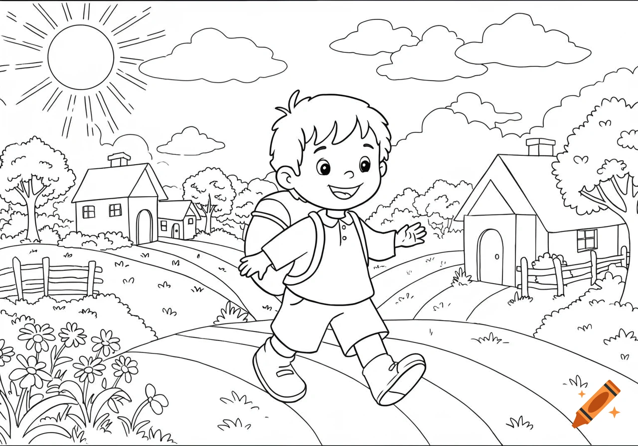 Coloring book drawing of a happy boy walking with a backpack through a village scene.