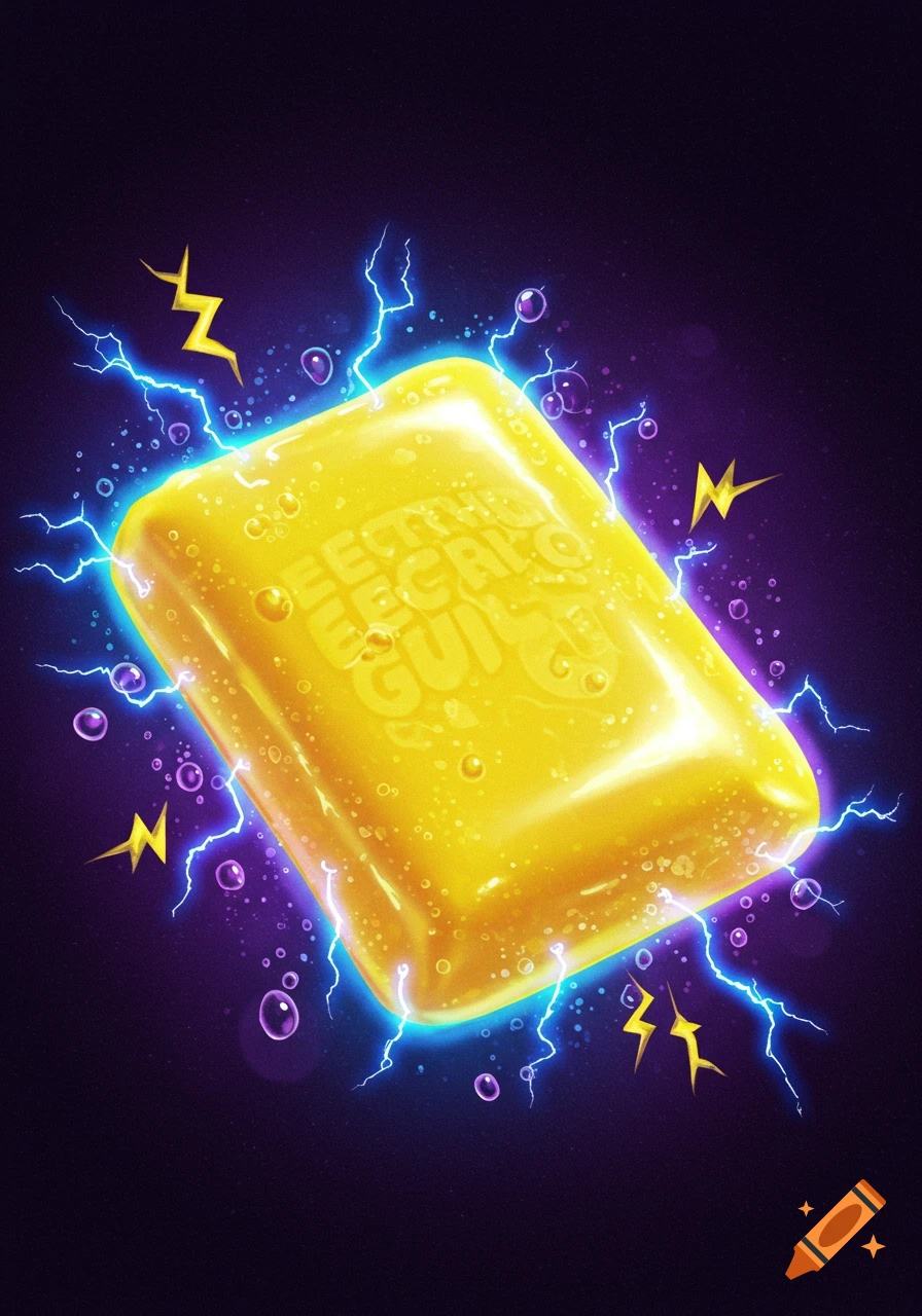 Glowing yellow bar of gum with blue lightning and purple bubbles against a dark background.