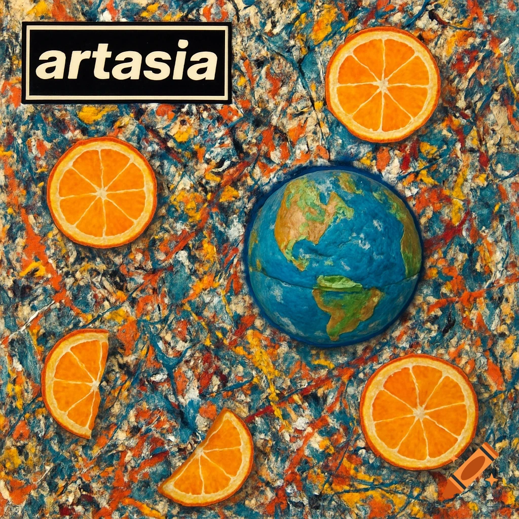 Album cover with 'artasia' text, orange slices, and a globe on a colorful abstract background.
