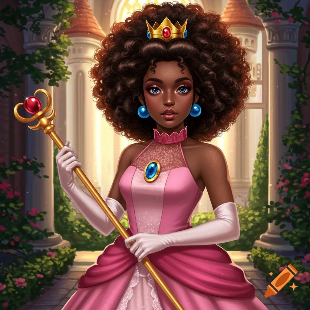 A fantasy portrait of a woman with afro hair in a pink princess dress ...