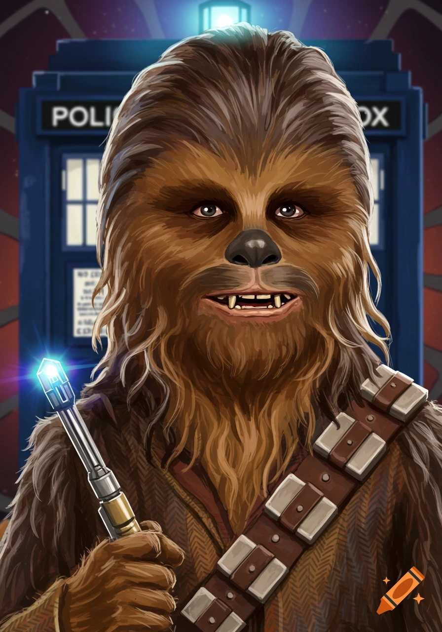 Chewbacca dressed as Doctor Who, holding a sonic screwdriver in front of a blue police box.