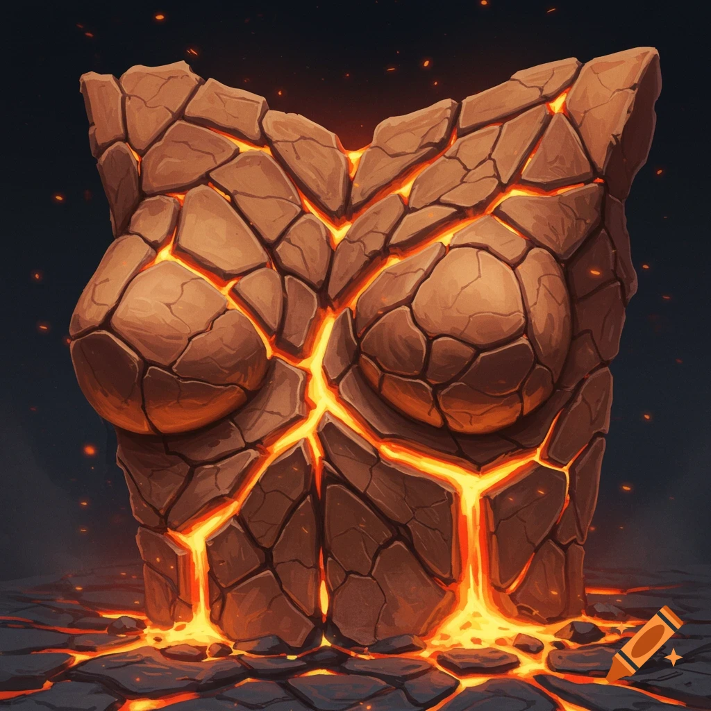 A stylized female chest sculpture made of cracked rock with glowing lava flowing through the cracks.