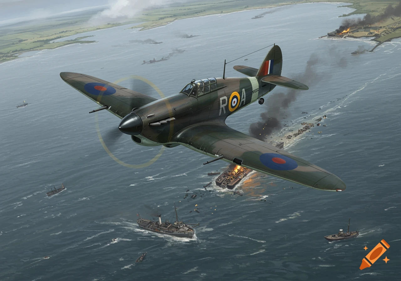 A war plane flies over ships and explosions near a coastline.