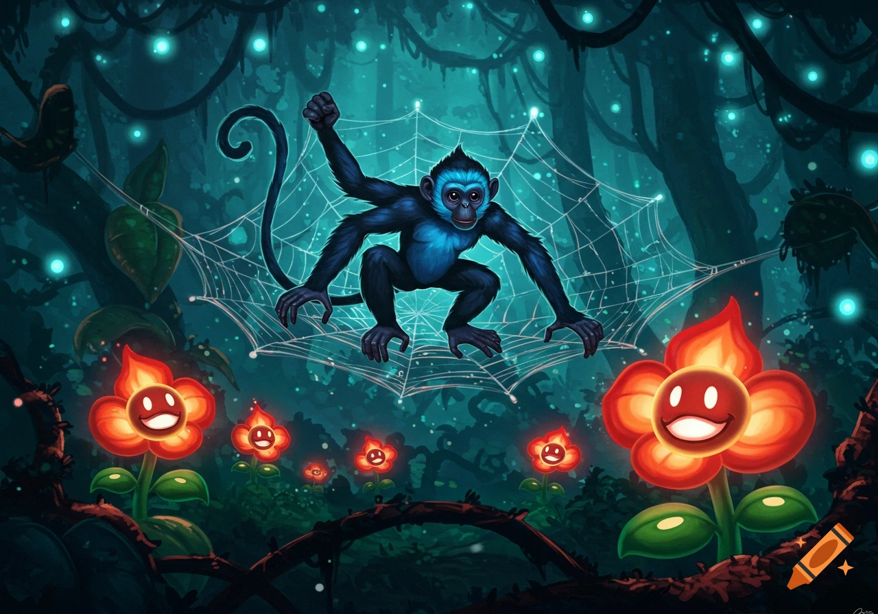 Cartoon fantasy illustration of a blue monkey on a web in a glowing jungle with fire flowers with faces.