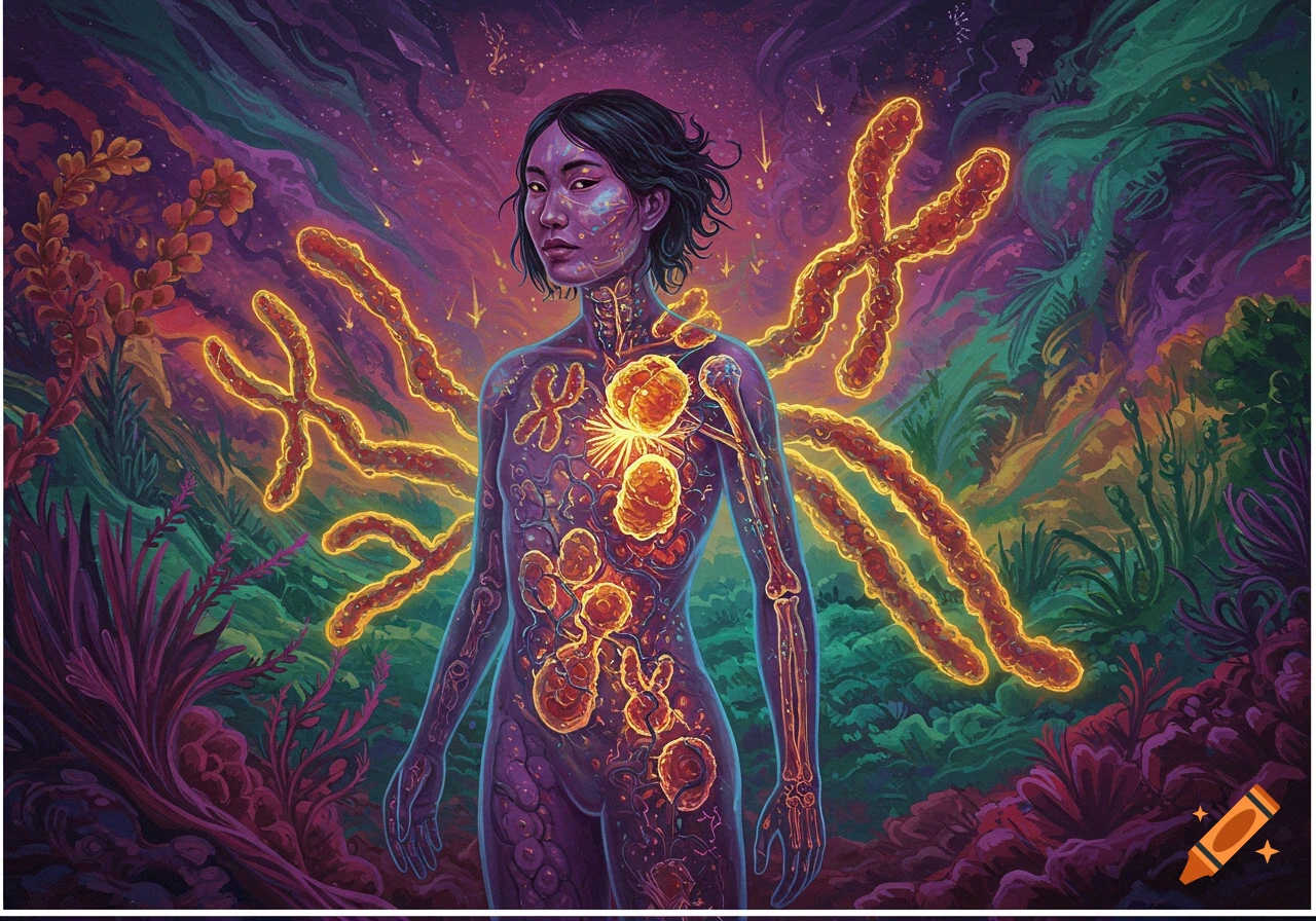 Surreal portrait of a person with glowing internal structures and chromosomes, surrounded by vibrant alien plants.