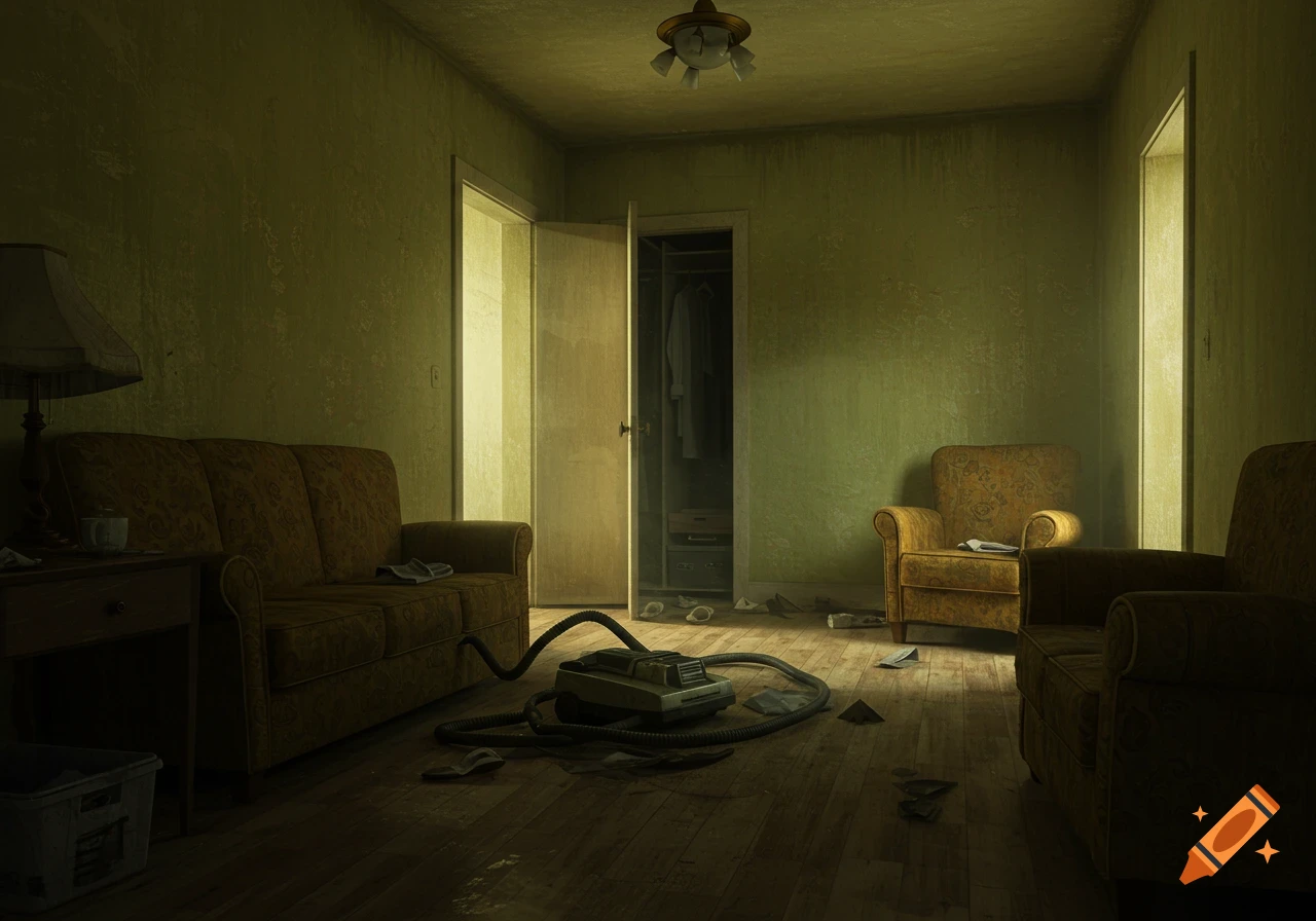 An eerie, messy living room with a vacuum cleaner on the floor and an open closet.