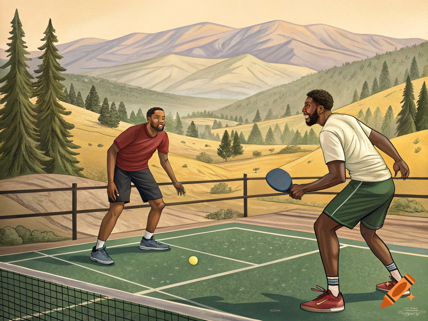 Two men play pickleball outdoors with mountains behind them, illustration.