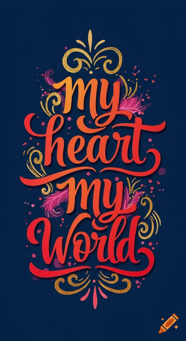 Stylized text 'my heart my world' with decorative elements on a dark background.
