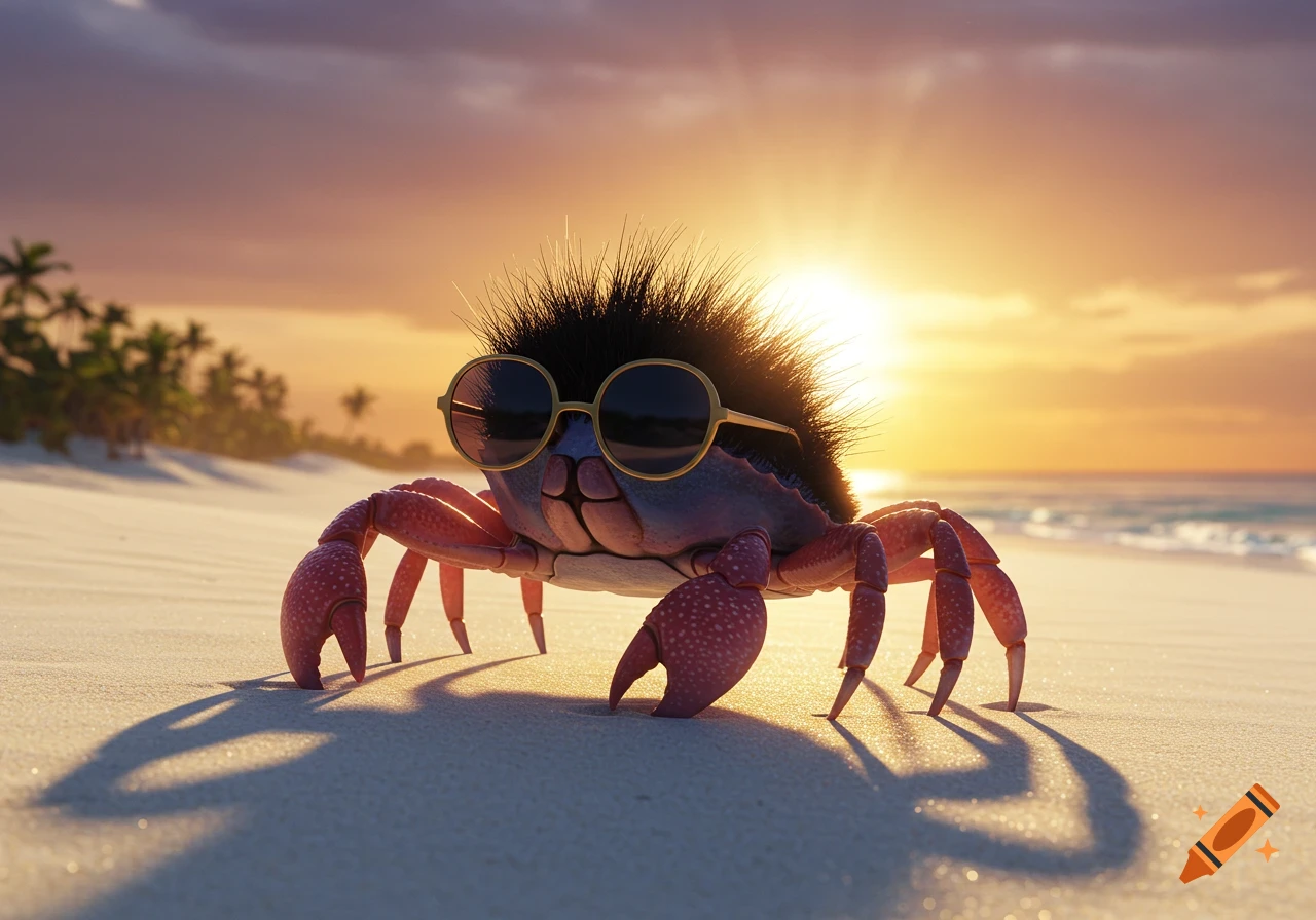 A crab with spiky black hair and sunglasses sits on a beach at sunset.