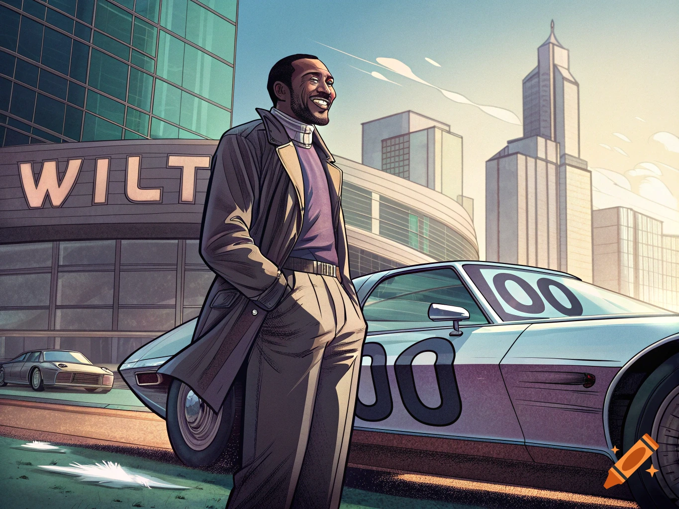 Smiling man in trench coat stands by sports car with '100' on it, building behind. Illustration style.
