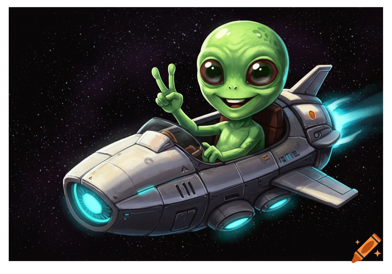 Cartoon green alien in a spaceship gives a peace sign while flying through space.
