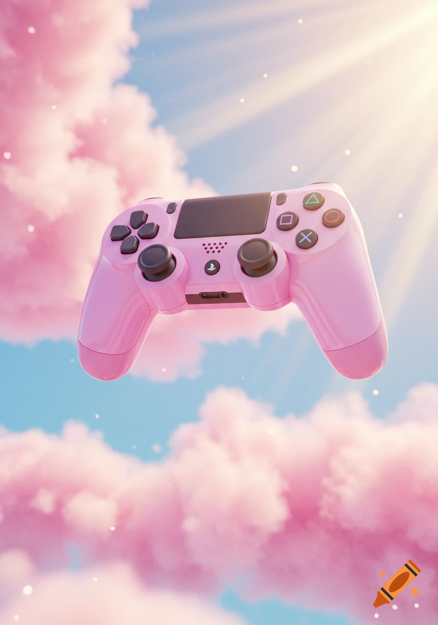 Pink gaming controller floating in pink clouds under a sunny sky