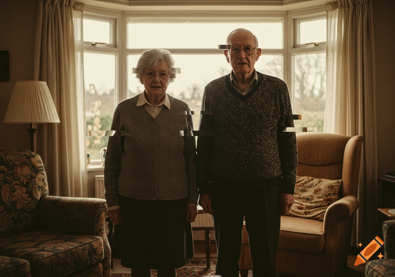 Elderly couple with glitch effect standing in a living room.