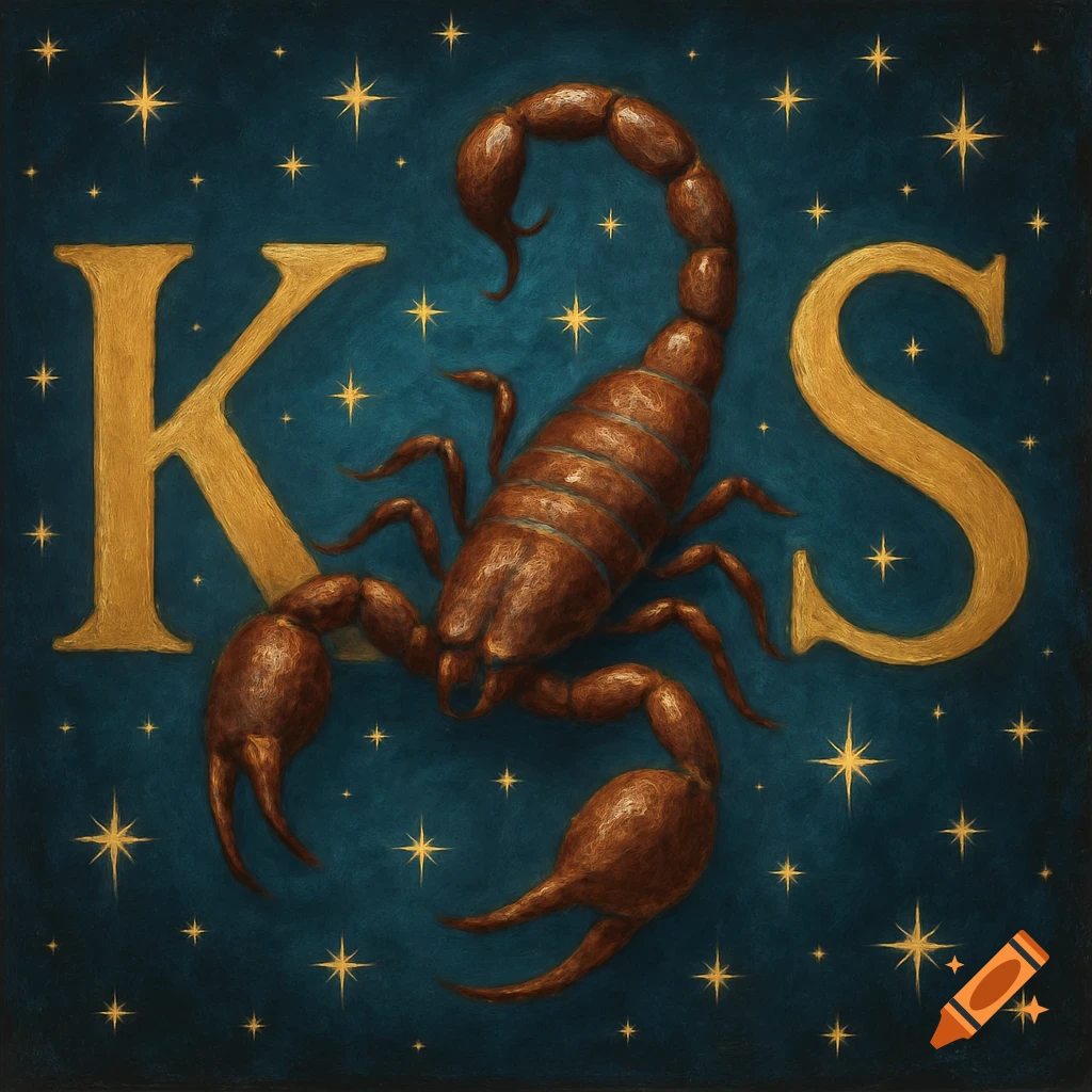 A painting of a brown scorpion in the center, with large golden letters 'K' to the left and 'S' to the right, against a dark blue background filled with small golden stars.