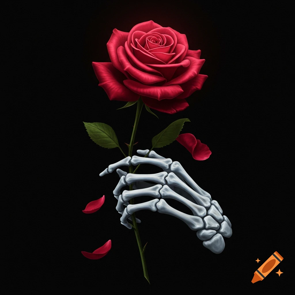 Illustration of a skeleton hand holding a single red rose against a black background.