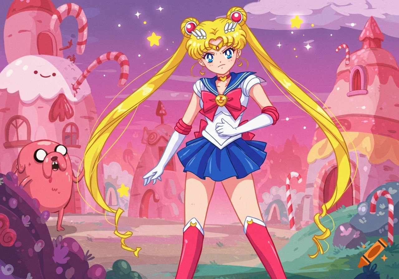 Sailor Moon stands in a pink candy world with Jake from Adventure Time. Anime and cartoon style.